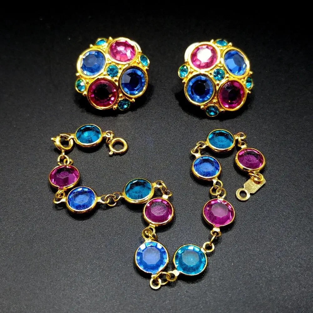 Vintage Swarovski Multicolor Crystal Bracelet Earring Set Gold Tone